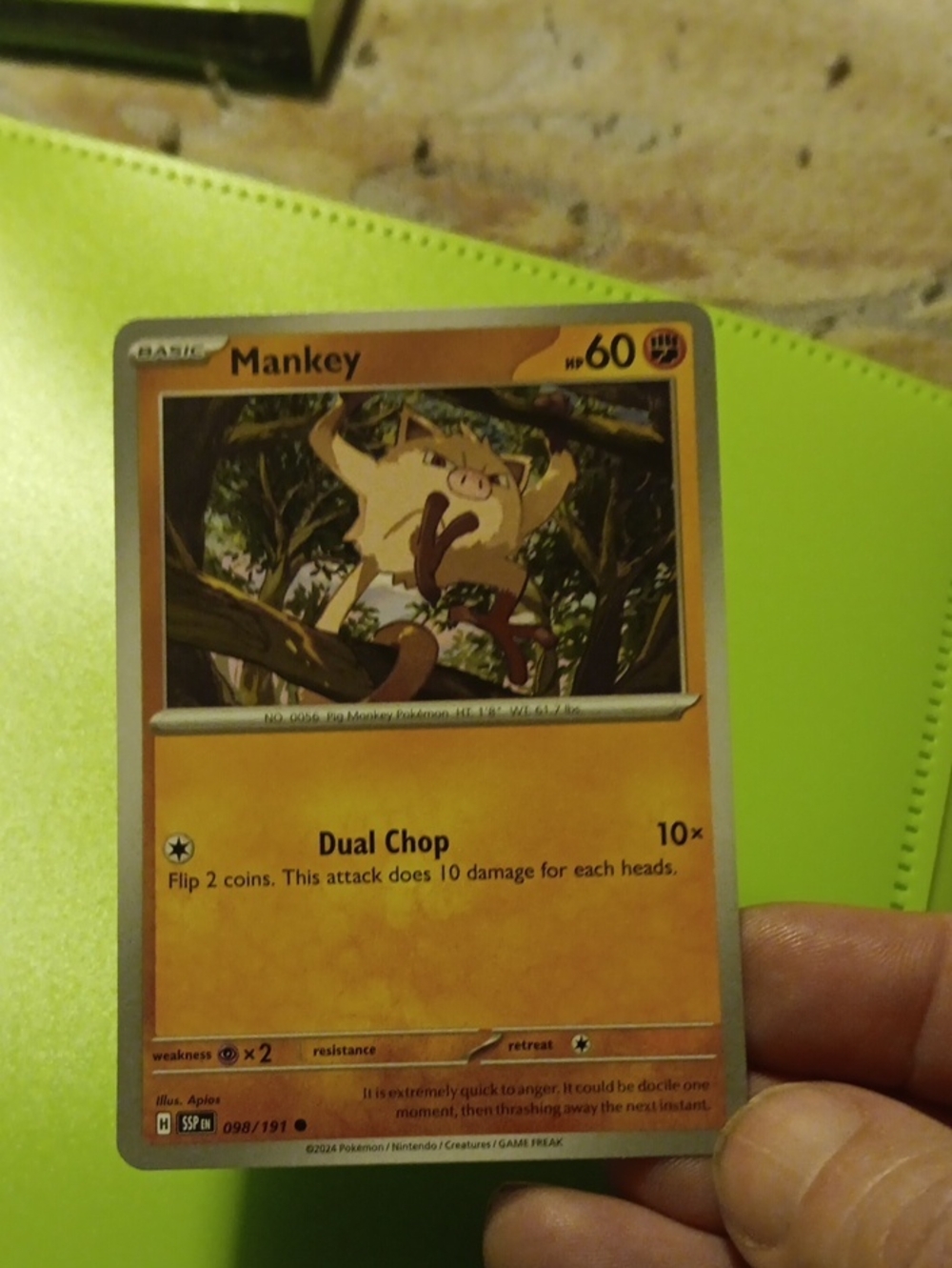 Pokemon Mankey Card - Yellow and Brown Artwork